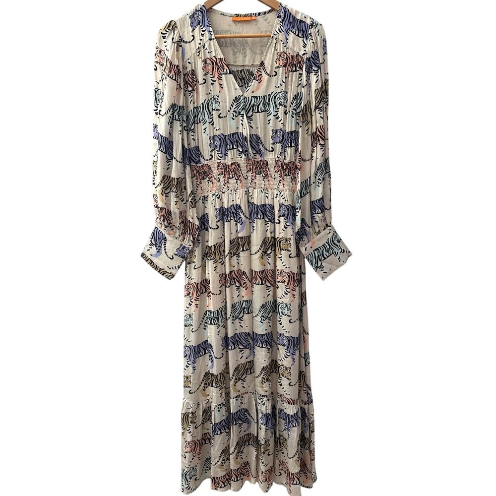 Oliphant Cuff Sleeve Smocked Waist Colorful Tiger Print Maxi Size Medium - Picture 2 of 10